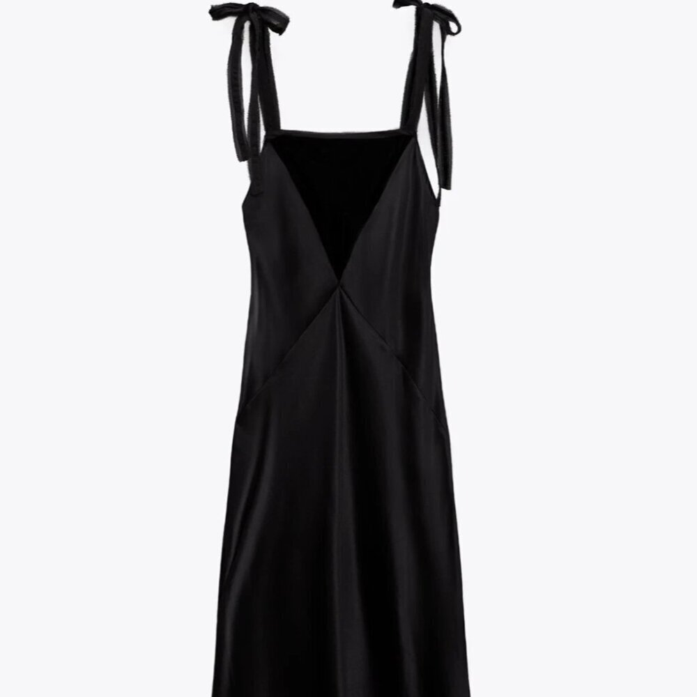 Zara Limited Edition Black Satin Shoulder Tie Camisole Slip On Midi Dress Size S